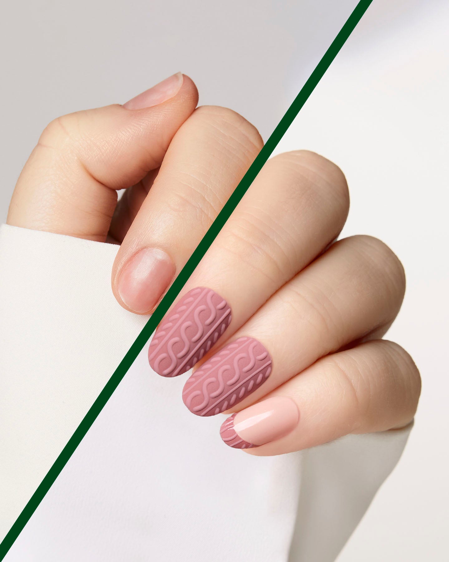 A close-up of a hand with manicured nails, featuring two medium pink nails with a raised cable-knit pattern and one pale pink nail with a small white accent, set against a clean white background with a diagonal dark green line.
