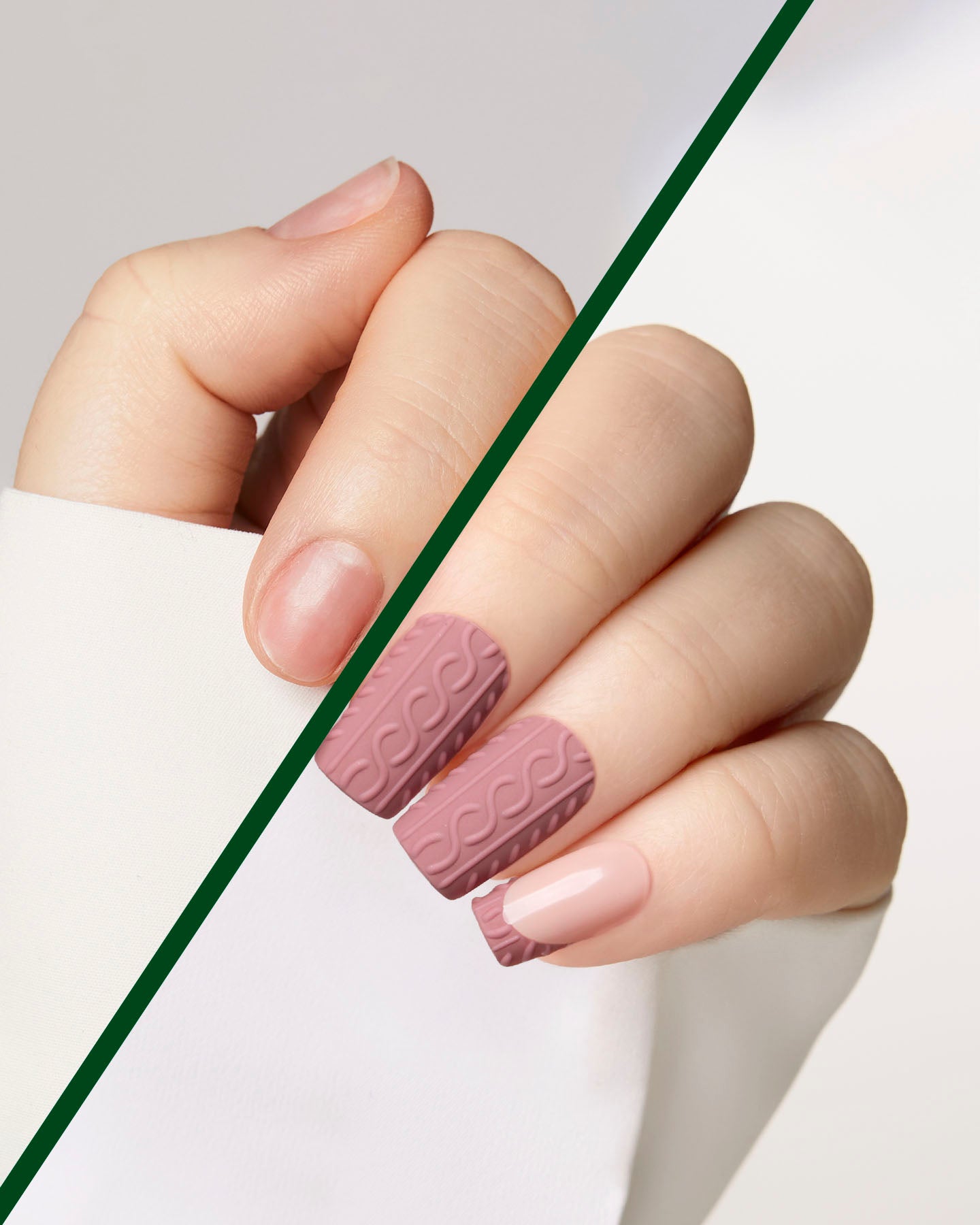 A close-up of a hand with manicured nails, showing three medium dusty pink nails with a raised cable-knit pattern and one pale pink nail, set against a white sleeve and a light gray background with a diagonal green stripe.