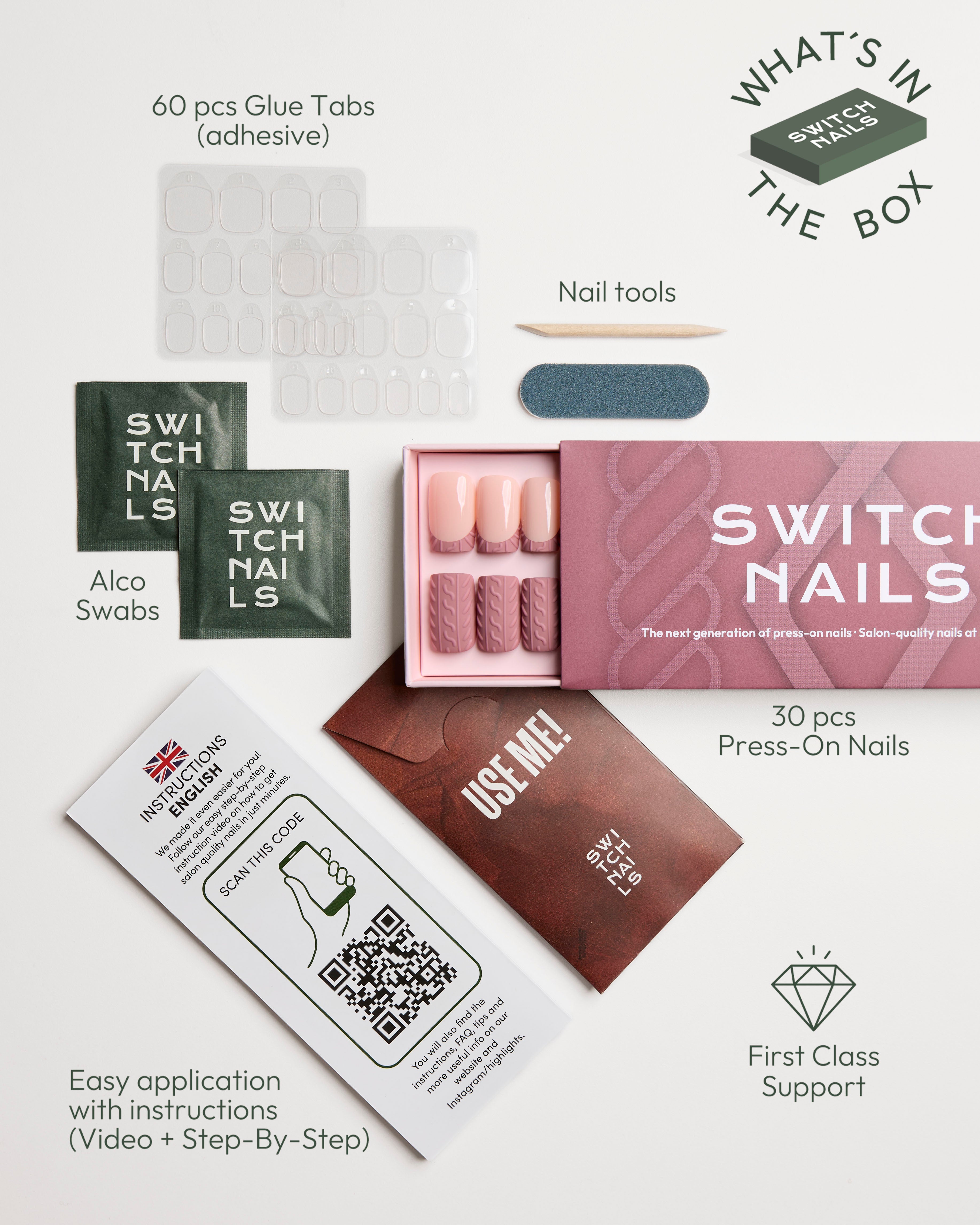 Nail kit contents arranged on a light gray background with text callouts: 60 pcs glue tabs, nail tools, alcohol swabs, 30 pcs press-on nails in an open pink box, and an instruction card. The box lid reads 